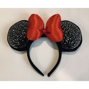 MINNIE MOUSE Plush Black MOUSE EARS Headband with RHINESTONES/Crystals & RED BOW